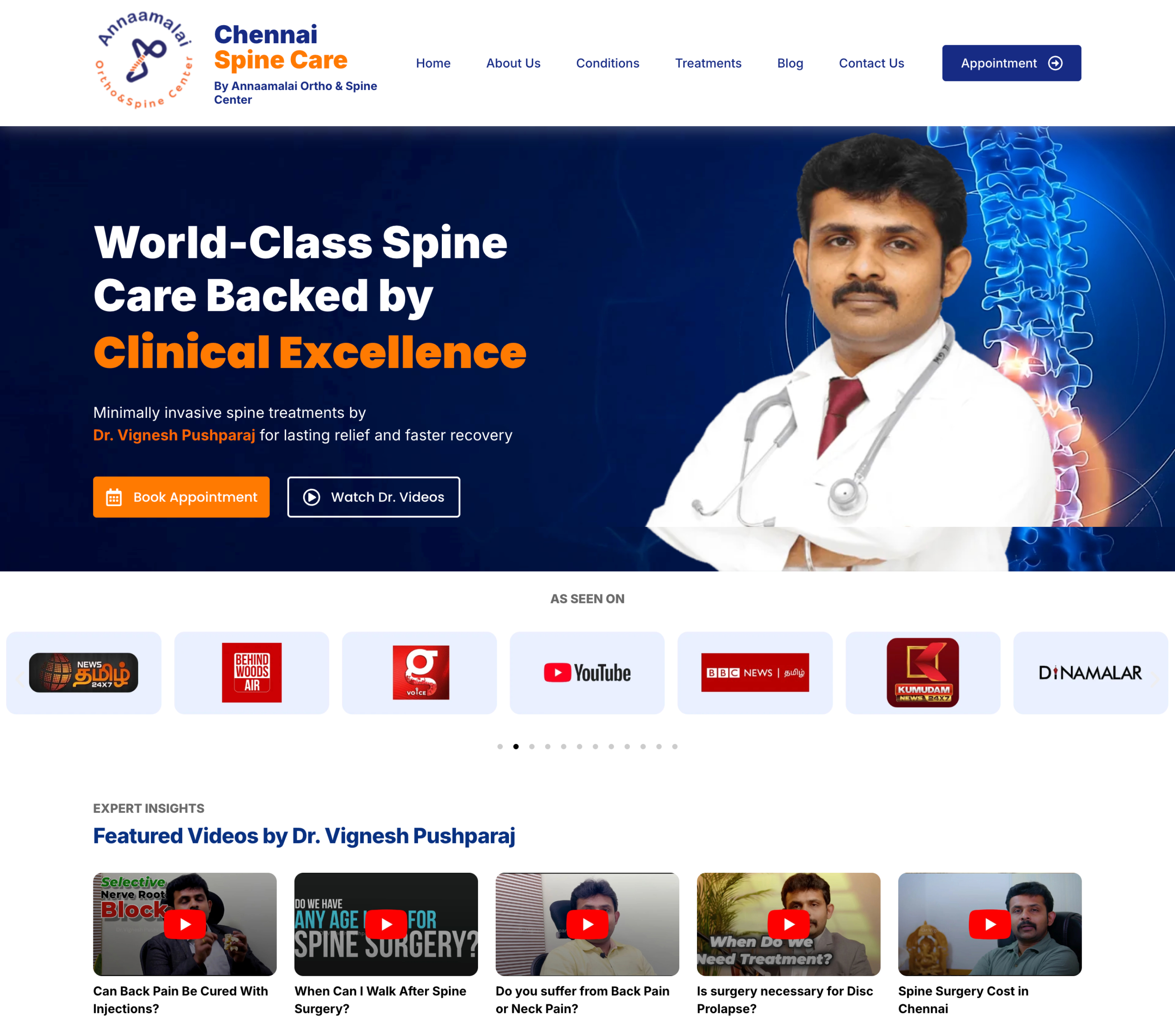 Chennai Spine Care WordPress website project by Pixel Weavers